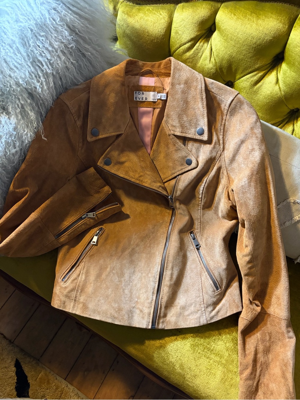 FOR EVER Suede Moto Jacket in Tan